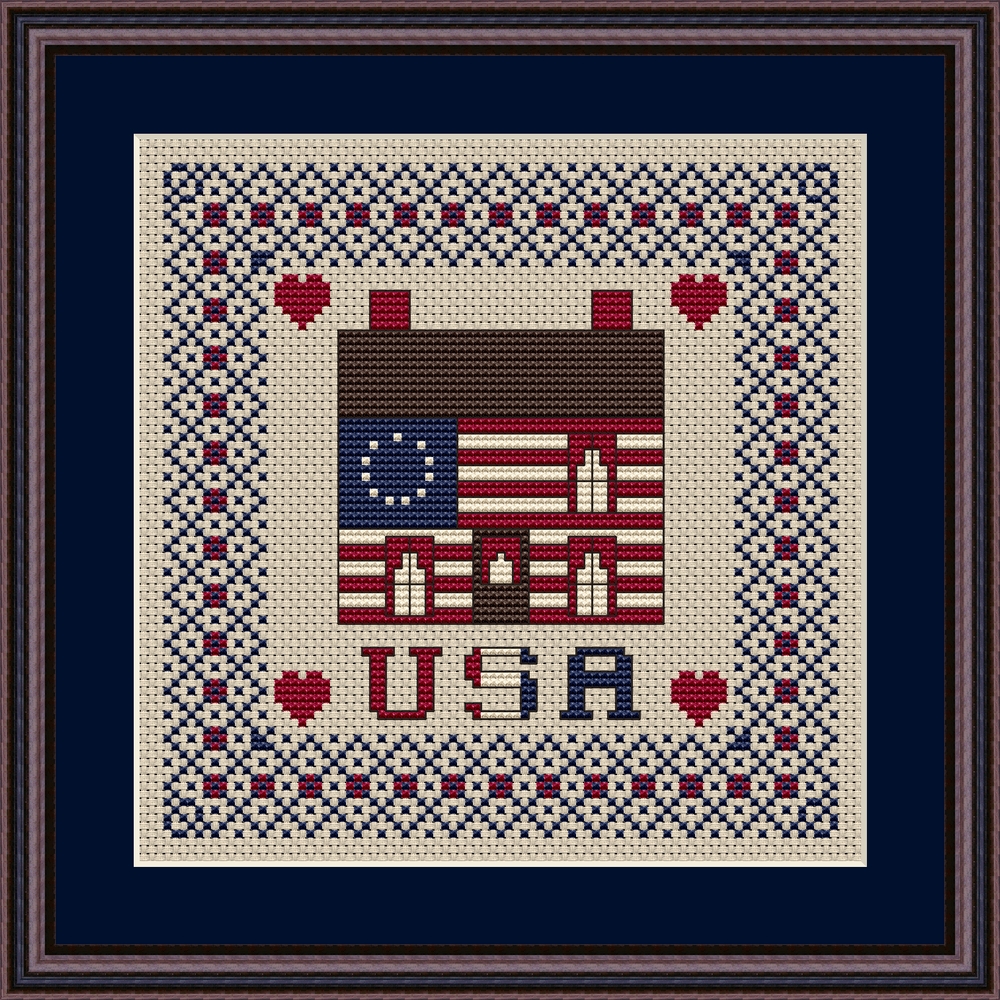 Patriotic Home Cabin Cross Stitch Pattern 212