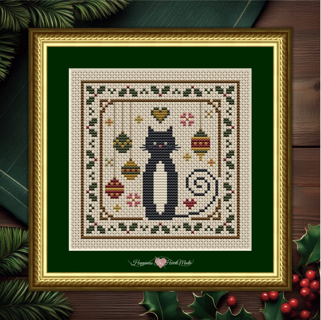 Cat with Holly and Ornaments Pattern 5581 from the Cat Tales Collection by Happiness Is HeartMade