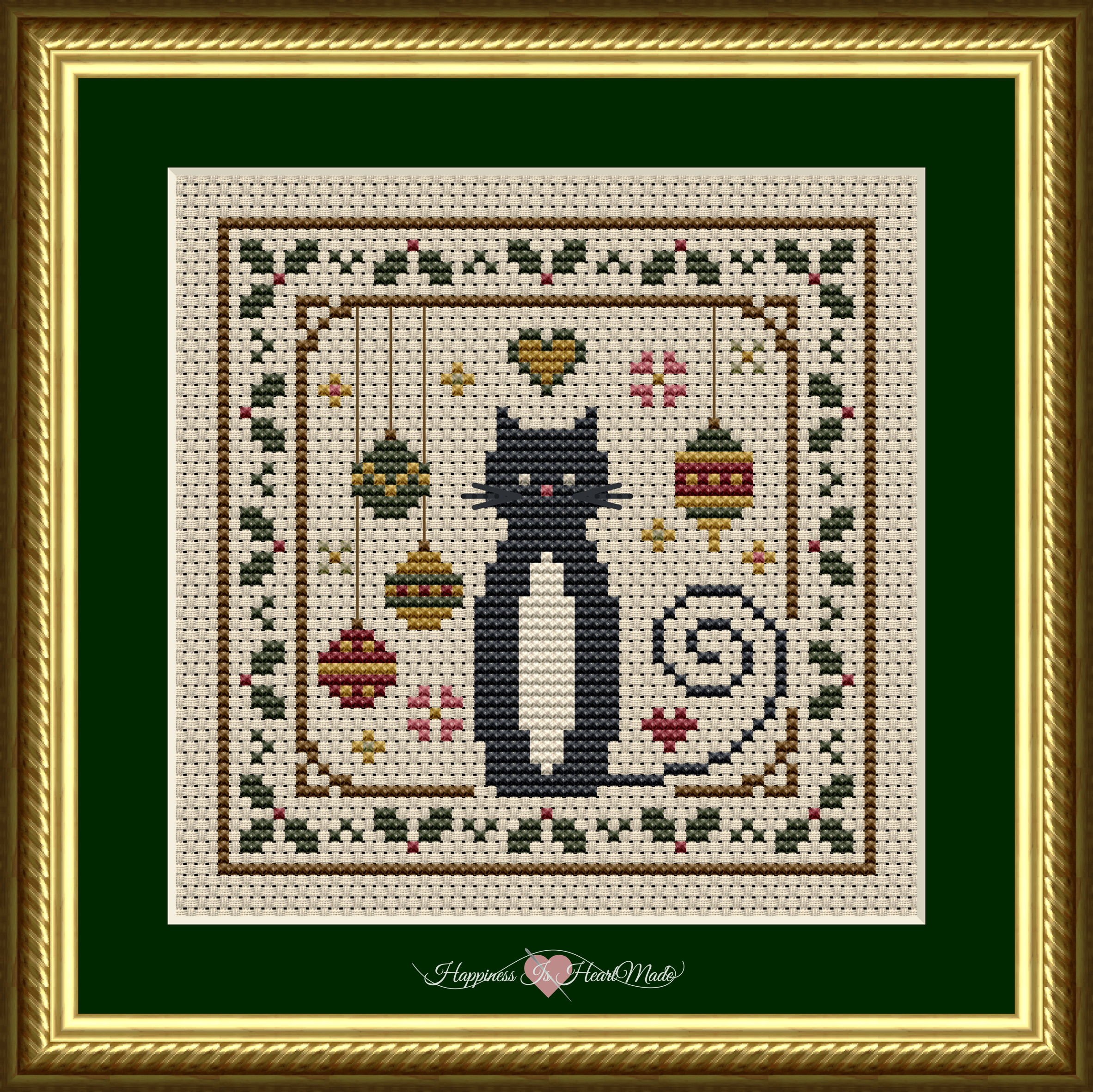 Cat with Holly and Ornaments Pattern 5581 from the Cat Tales Collection by Happiness Is HeartMade