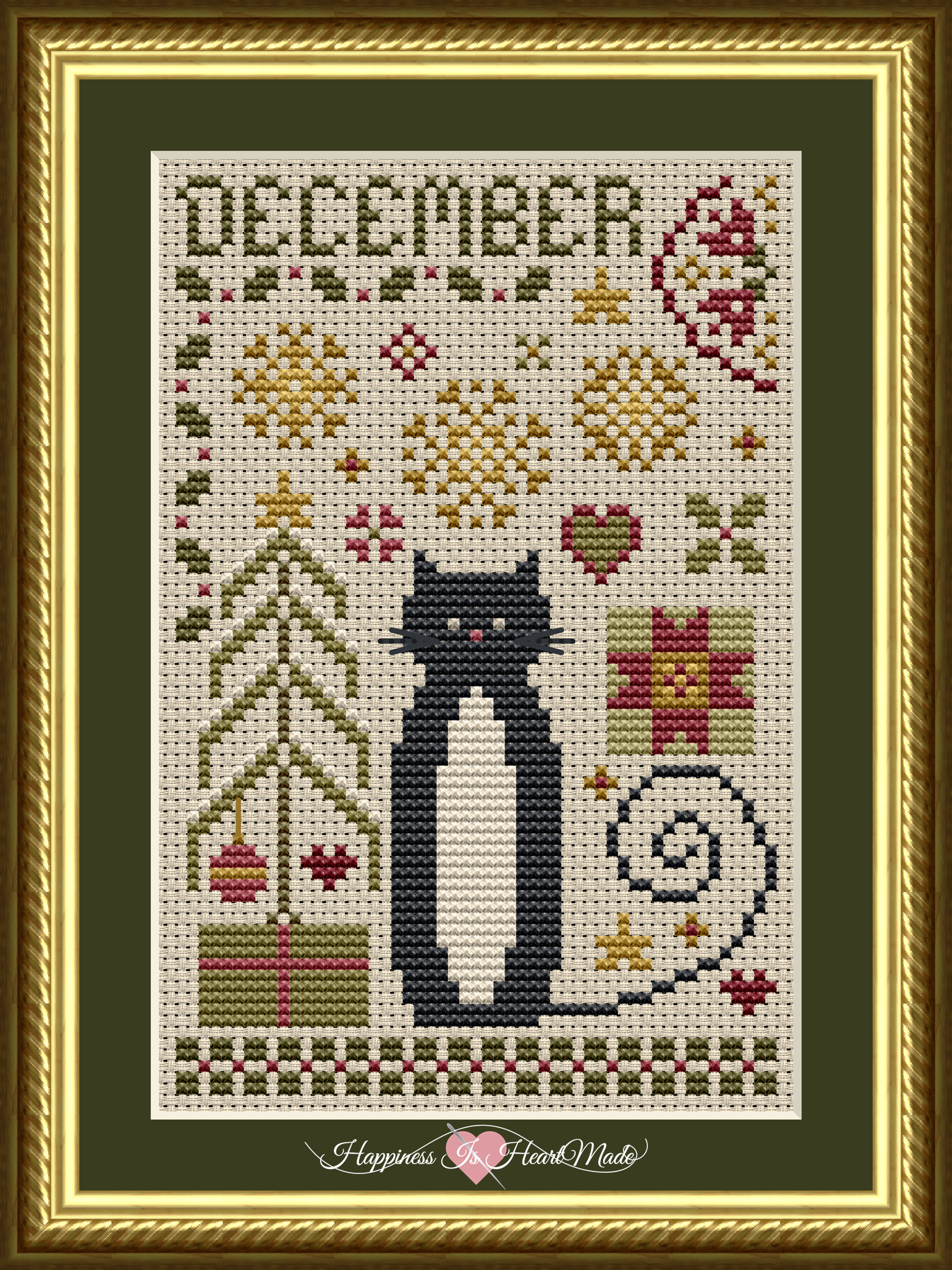 December Cat Cross Stitch Pattern from the Cat Tales Collection by Happiness Is HeartMade Pattern 5562