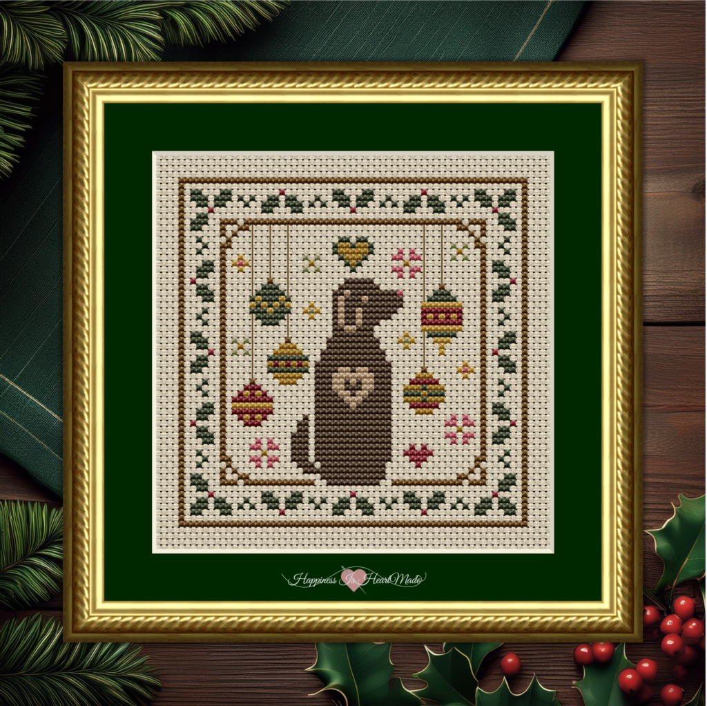 Dog with Holly and Ornaments Christmas Cross Stitch Pattern 6581 from the Dog Days Series by Happiness Is HeartMade
