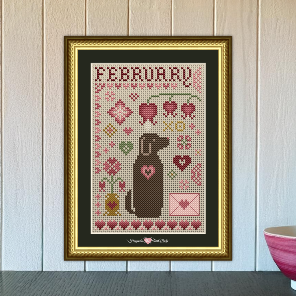 February Dog Cross Stitch Pattern from the Dog Days Series by Happiness Is HeartMade - Pattern 6552 - Valentine's Day, Love, Hearts