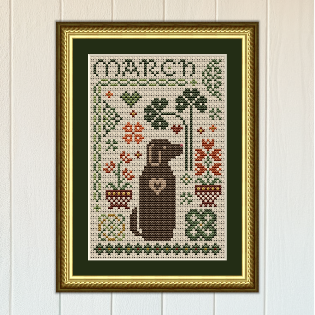 March Dog Cross Stitch Pattern from the Dog Days Series by Happiness Is HeartMade - Pattern 6553 - St. Patrick's Day - Irish - Celtic