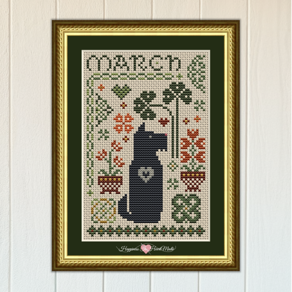 Scottie March Dog Cross Stitch Pattern from the Dog Days Series by Happiness Is HeartMade - Pattern 6553-S - St. Patrick's Day - Irish - Celtic - Scottish Terrier