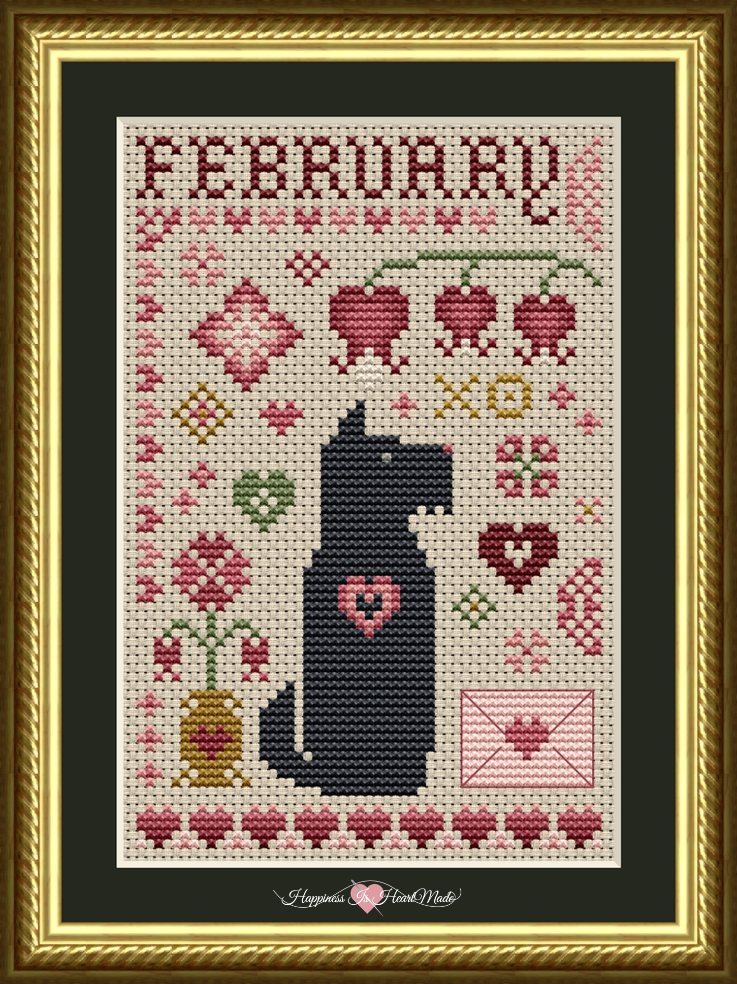 Scottie February Dog Cross Stitch Pattern from the Dog Days Series by Happiness Is HeartMade - Pattern 6552-S - Valentine's Day, Love, Hearts