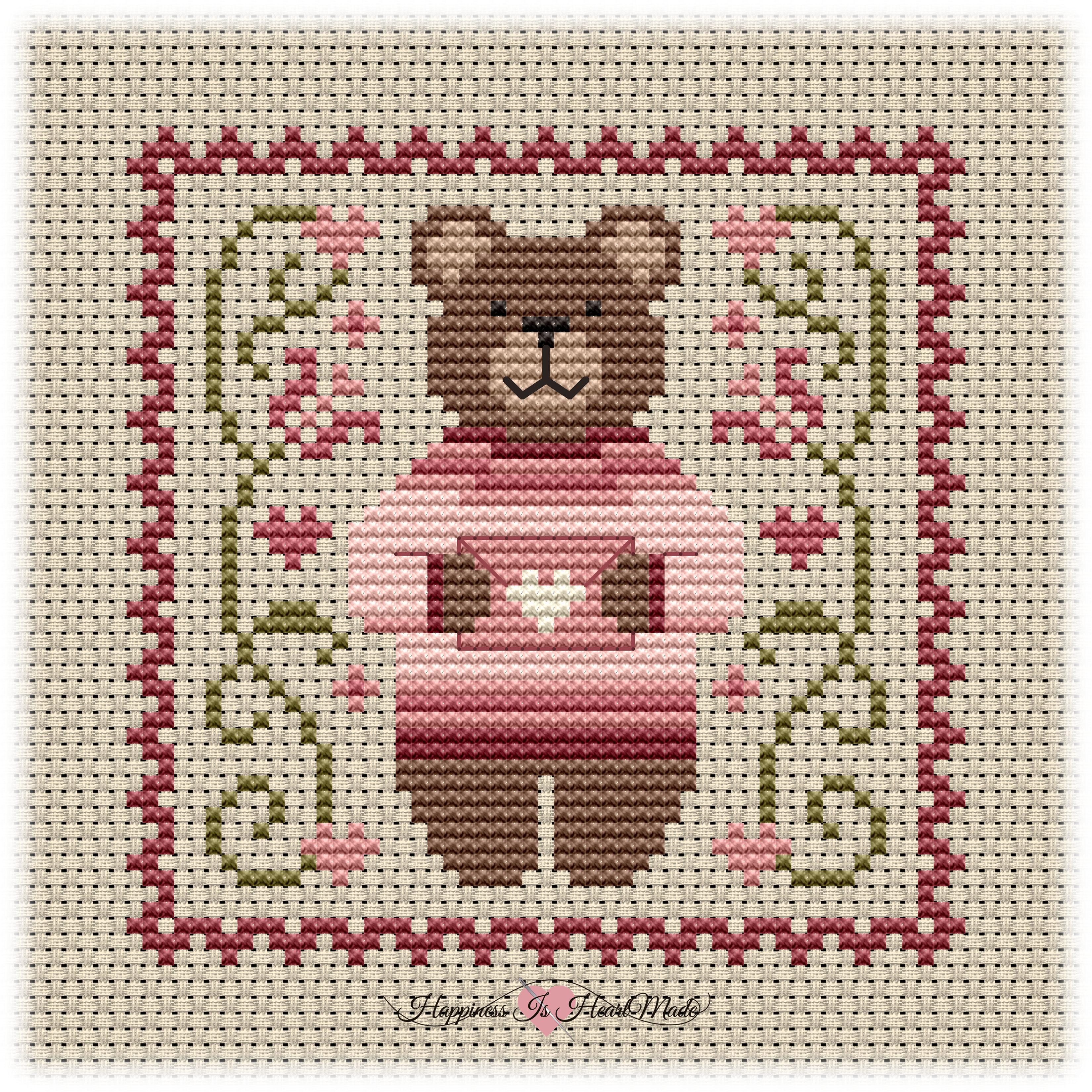 7703 - Sent With Love Teddy Bear Cross Stitch Pattern from Happiness Is HeartMade - Pattern 7703 - This cross stitch chart has an adorable teddy bear surrounded by flowers and hearts.
