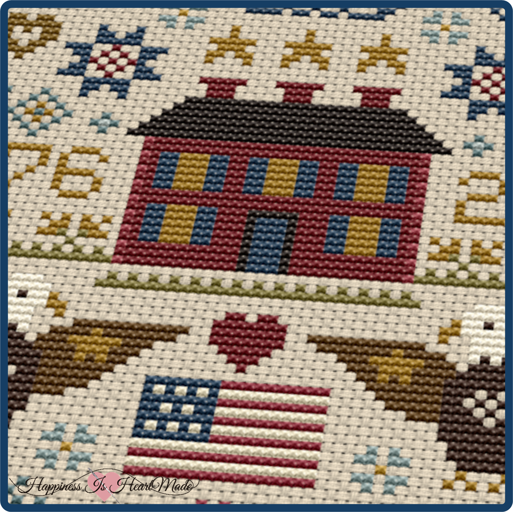 House, Heart, and Flag Motifs from the Sentinels of 76 Cross Stitch Pattern Celebrating the 250th Anniversary / Birthday of the United States of America from Happiness Is HeartMade - Pattern 1176