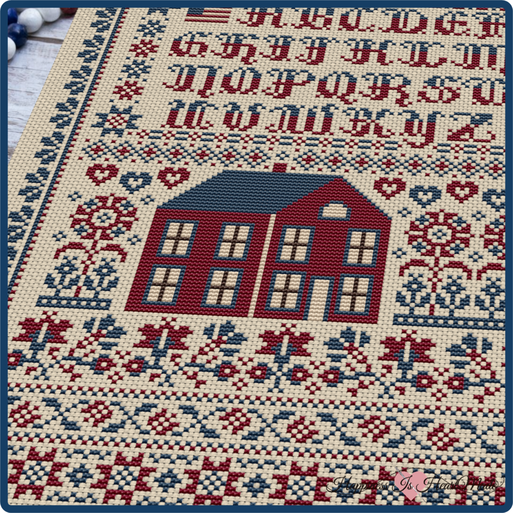 Red House Patriotic Sampler Cross Stitch Pattern from Happiness Is HeartMade - Pattern 1913 - House, Alphabet, and Hearts