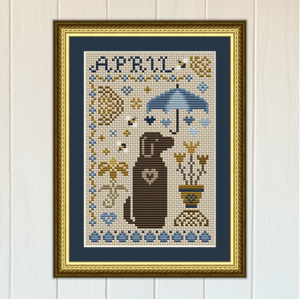 April Dog Cross Stitch Pattern from the Dog Days Series by Happiness Is HeartMade - Pattern 6554 - April Showers