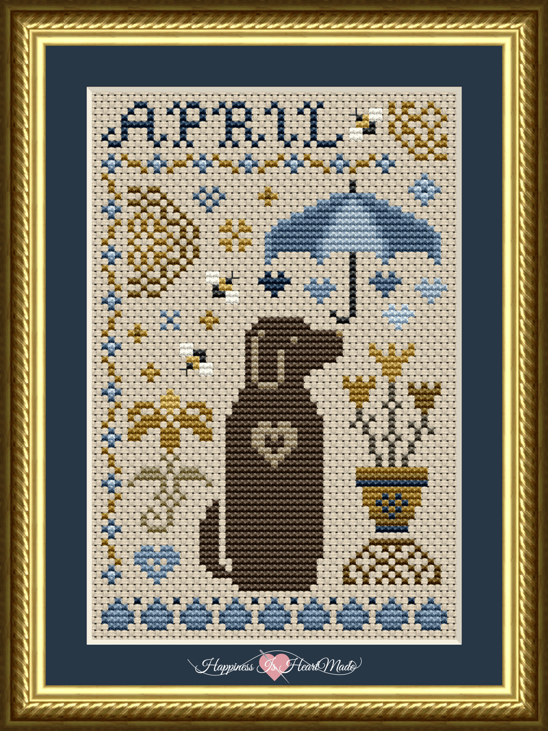 April Dog Cross Stitch Pattern from the Dog Days Series by Happiness Is HeartMade - Pattern 6554 - April Showers