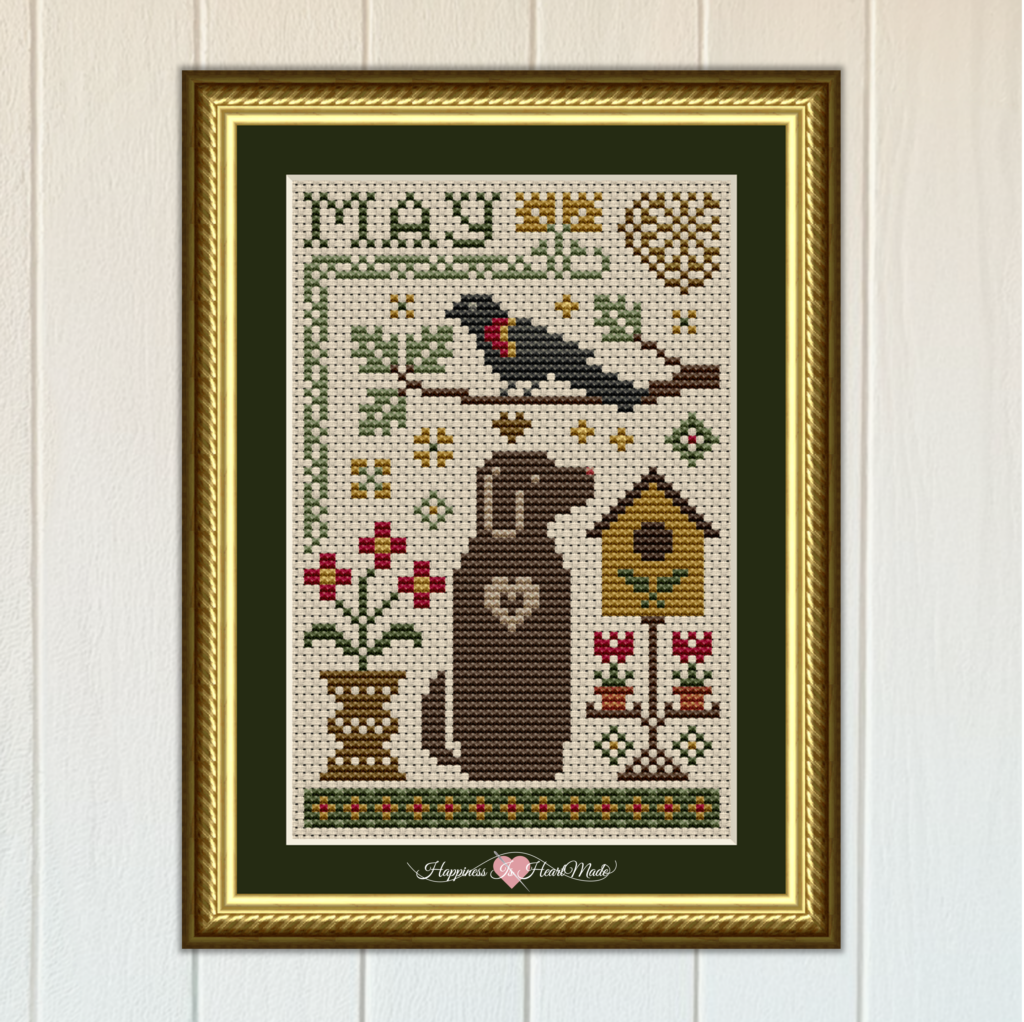 May Dog Cross Stitch Pattern from the Dog Days Series by Happiness Is HeartMade - Pattern 6555 - May Flowers - Wall Background