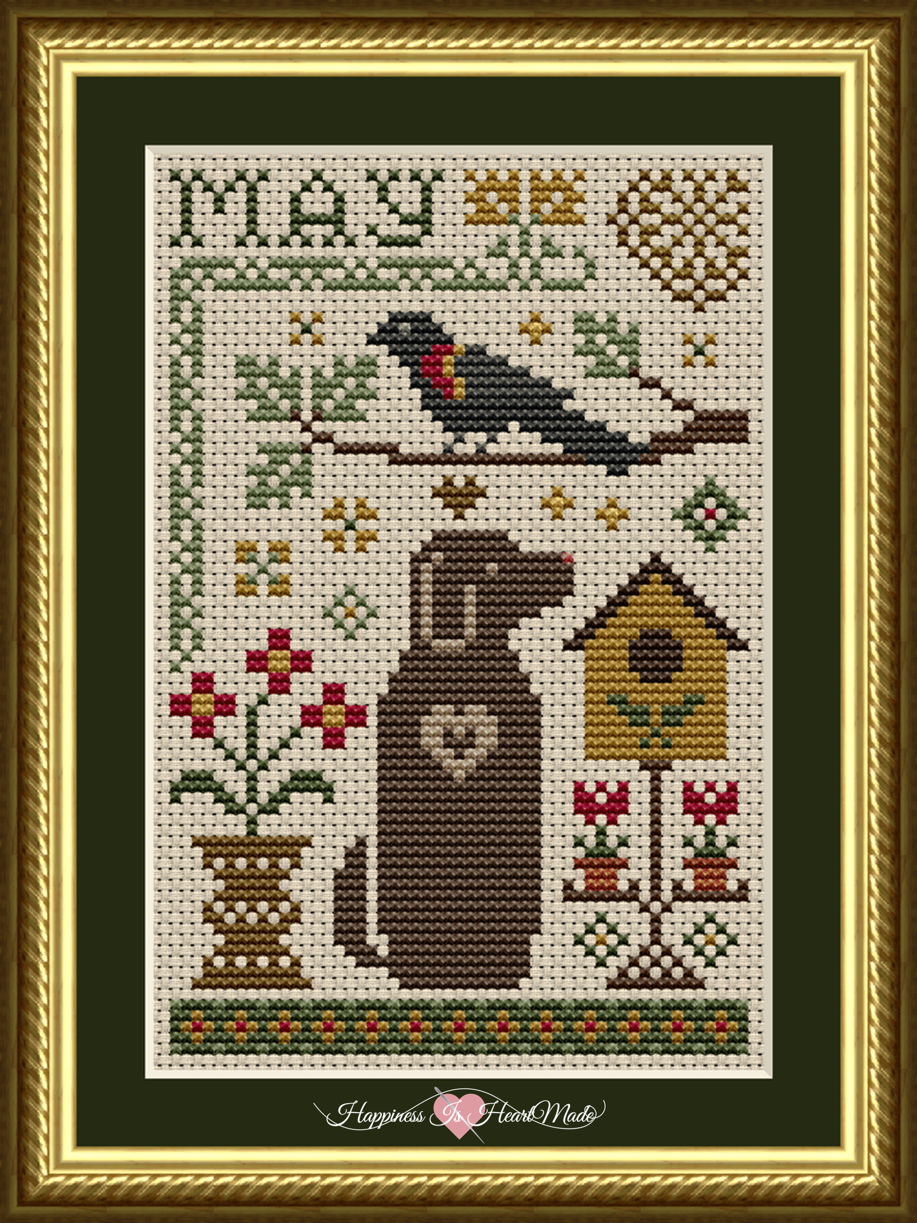 May Dog Cross Stitch Pattern from the Dog Days Series by Happiness Is HeartMade - Pattern 6555 - May Flowers - No Background