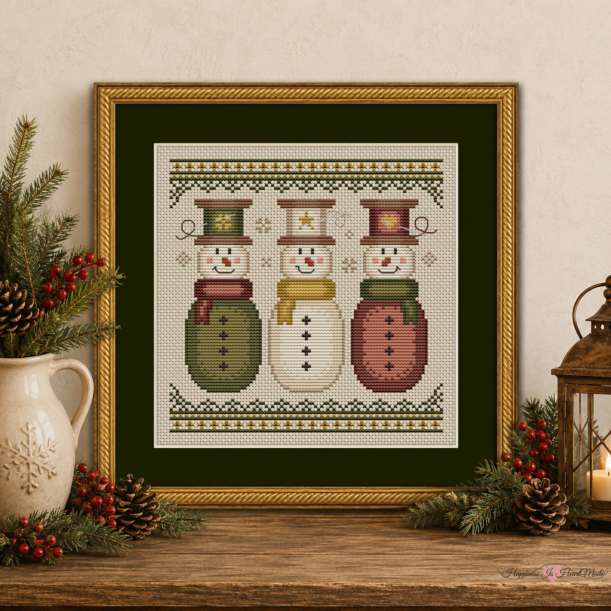 Sew Merry Snowmen Christmas Cross Stitch Pattern from Happiness Is HeartMade - Pattern 1173 - Three primitive style snowmen with thread spool holiday hats.