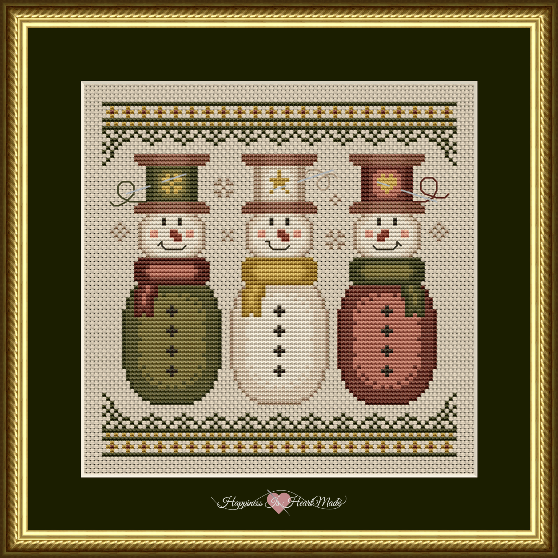 The Sew Merry Snowmen Design is a festive holiday counted cross stitch pattern.