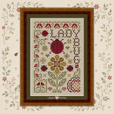 Gathered from the Garden Ladybug Cross Stitch Pattern 1522 from Happiness Is HeartMade. A cute red ladybug stands overtop a cheerful yellow flower. The word LADYBUG is stitched along the top and right side of the design.