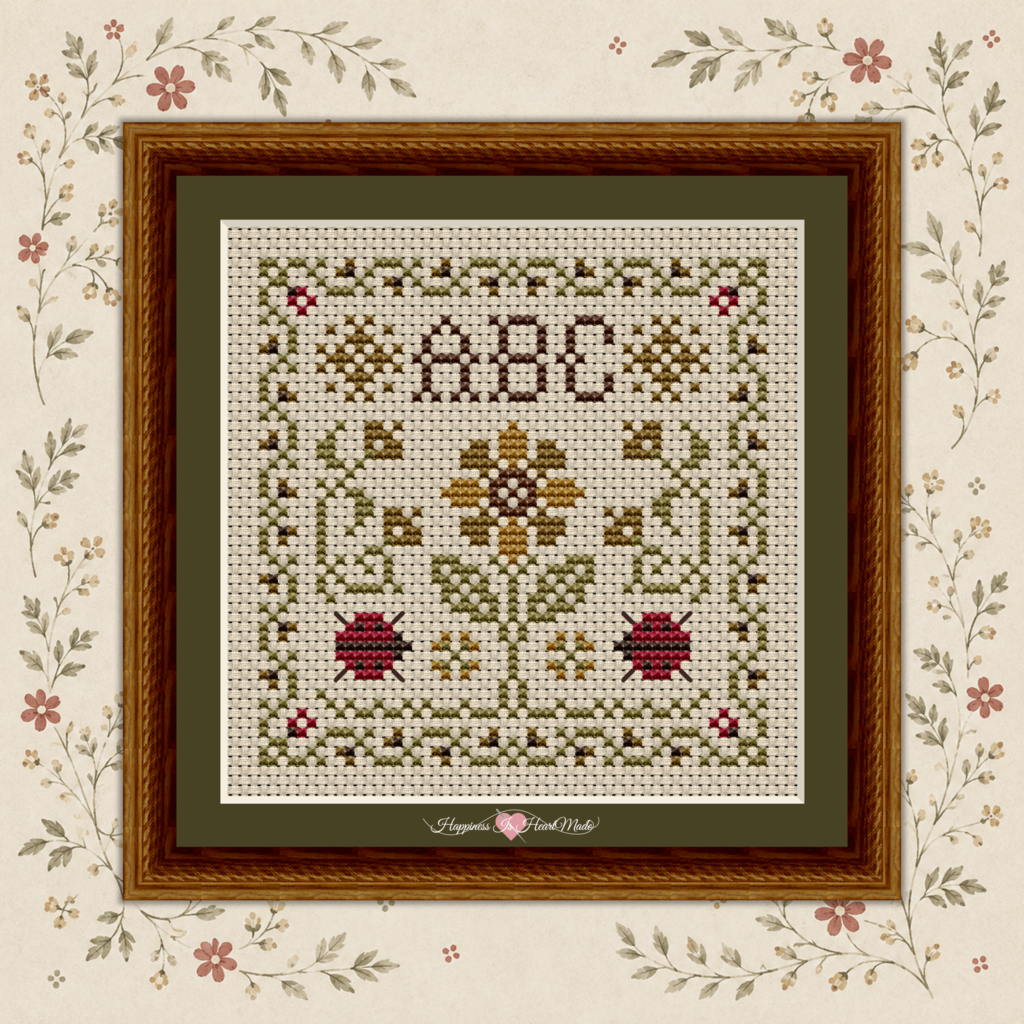 Gathered from the Garden Little Ladybugs Cross Stitch Pattern 1523 is a square design with yellow flowers and two ladybugs, by Happiness Is HeartMade.