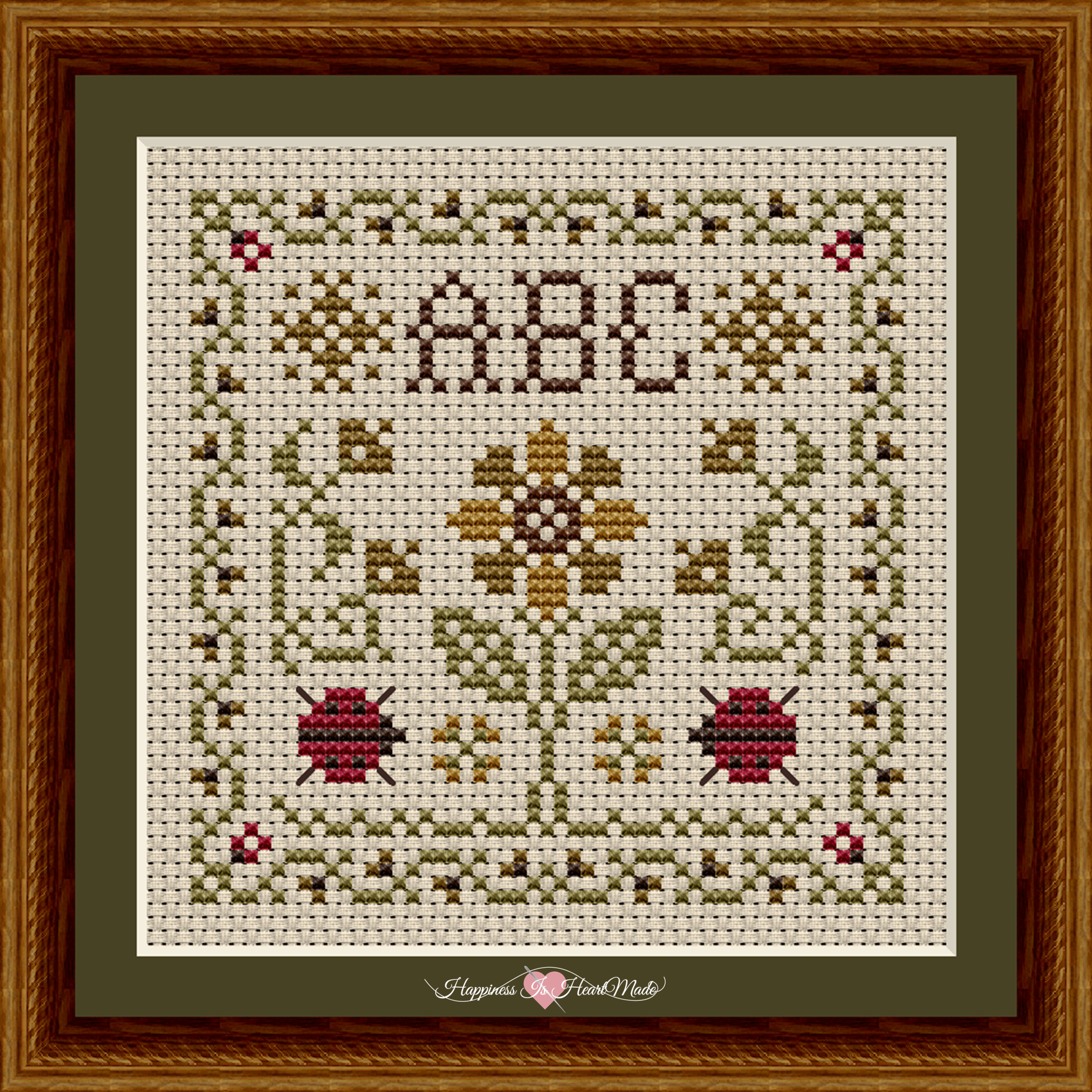 A small square cross stitch pattern with ladybugs and yellow flowers, from Happiness Is HeartMade