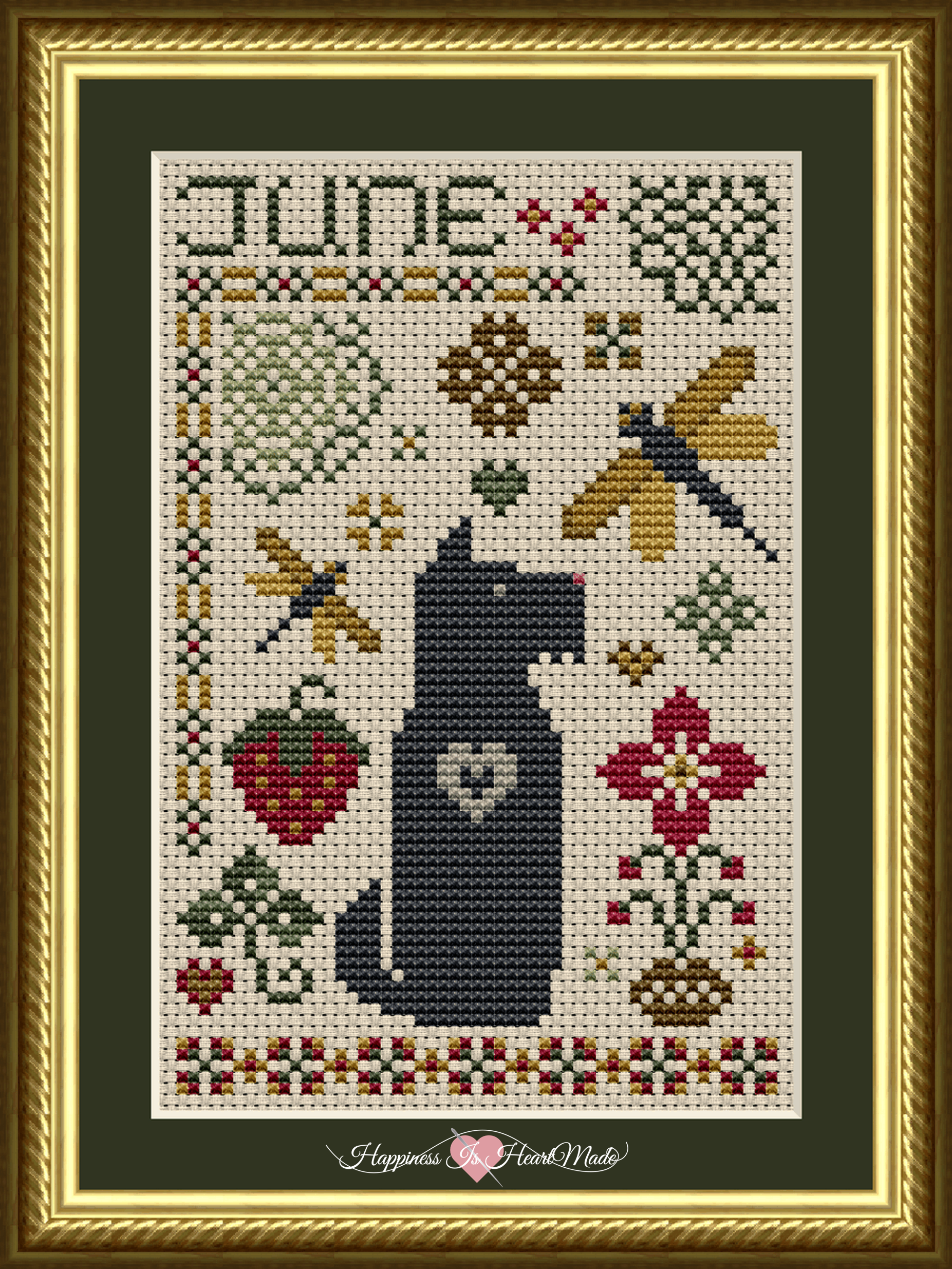 Scottie June Dog Cross Stitch Pattern 6556-S from Happiness Is HeartMade features a Scottish Terrier surrounded by summer dragonflies, flowers and medallions.