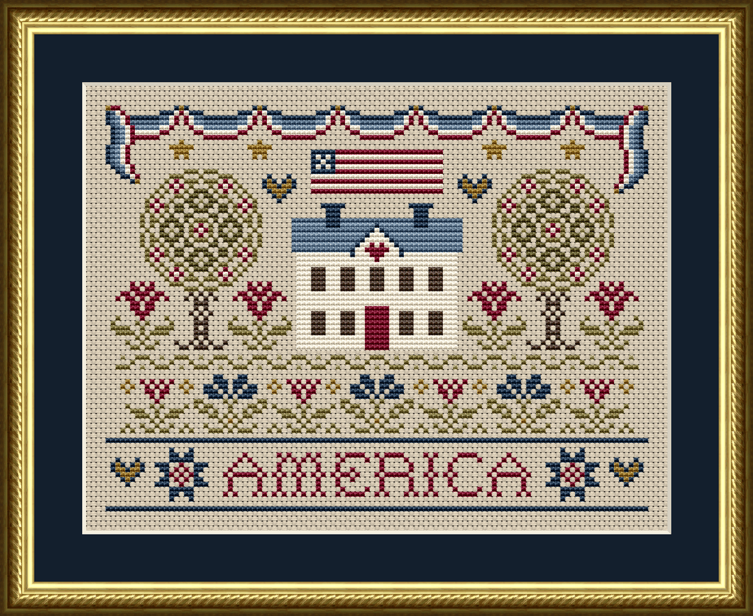 Patriotic Americana Themed Cross Stitch Pattern 1079 - An American Home Cross Stitch Pattern on 14 count aida, using DMC floss.