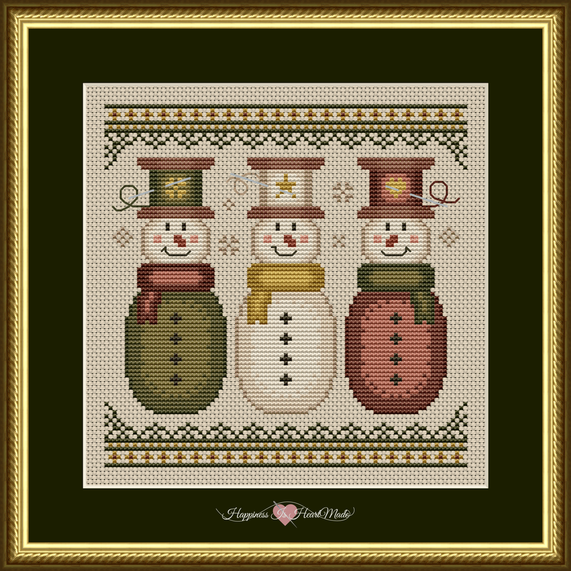The Sew Merry Snowmen Design is a festive holiday counted cross stitch pattern.