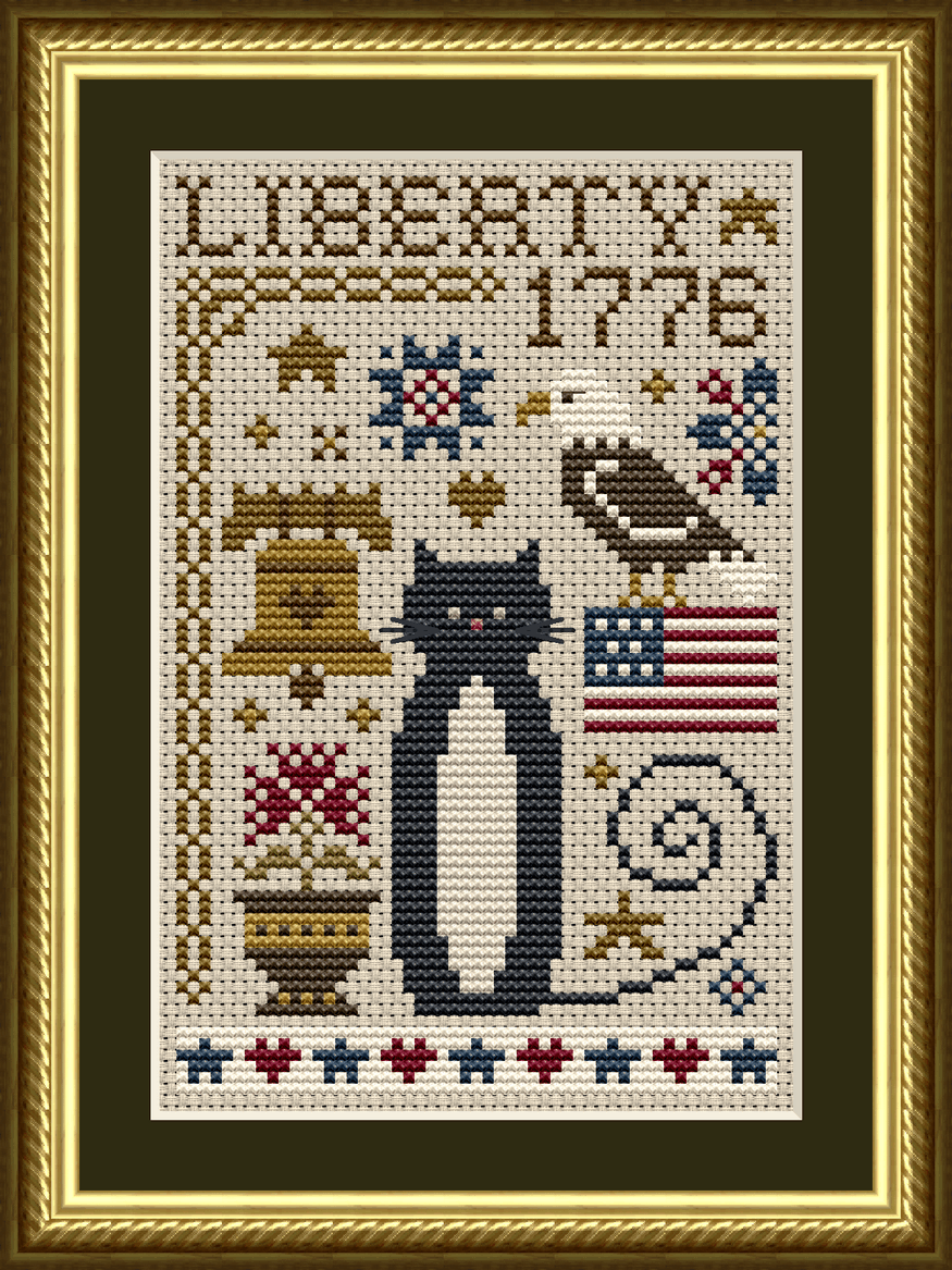 Pattern 5587 - Patriotic 1776 Liberty Cat Counted Cross Stitch Pattern from the Happiness Is HeartMade Cat Tales Collection by Christy Shuhy Ortiz. A Patriotic tuxedo cat design for the 4th of July / Independence Day.