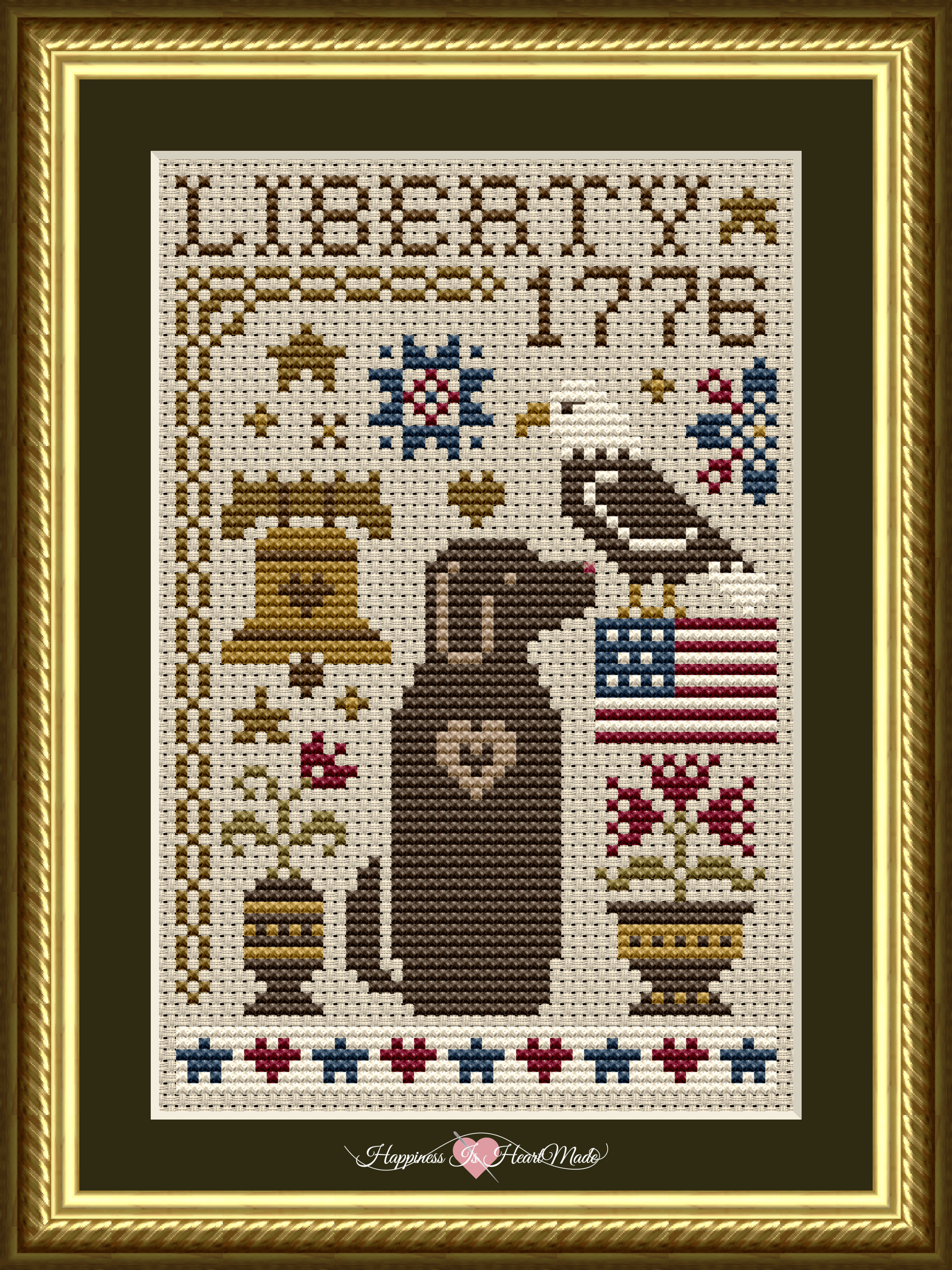 Liberty Dog Cross Stitch Pattern from Happiness Is HeartMade. This design includes an eagle, Liberty Bell, American Flag, and other patriotic motifs.