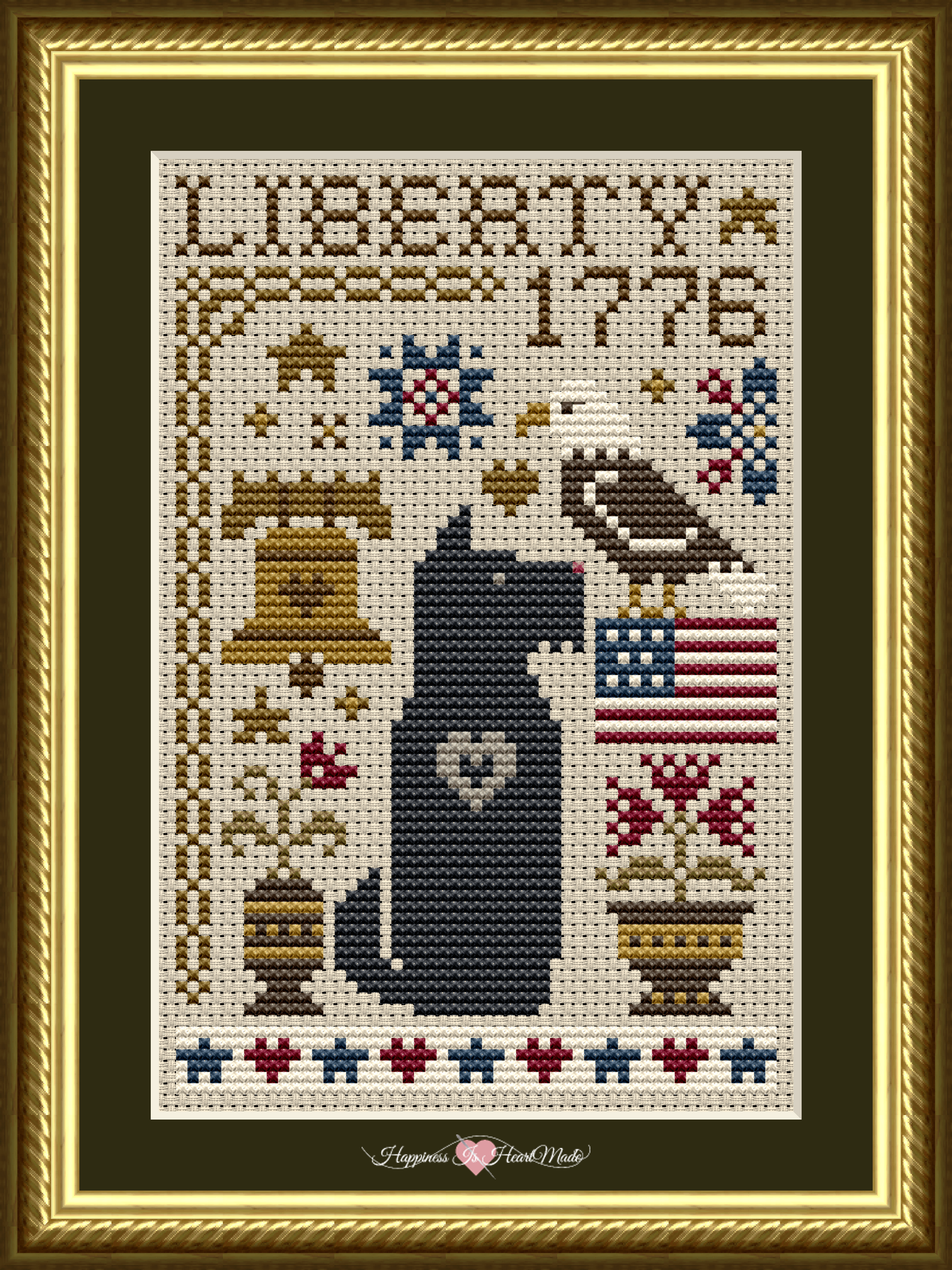 Scottie Liberty Dog Cross Stitch Pattern from Happiness Is HeartMade. This design includes a Scottish Terrier, a bald eagle, Liberty Bell, American Flag, and other patriotic motifs.