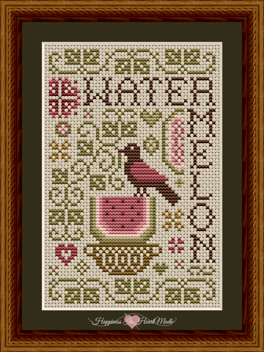 Gathered from the Garden: Watermelon Counted Cross Stitch Pattern from Happiness Is HeartMade. On 14 count aida fabric.