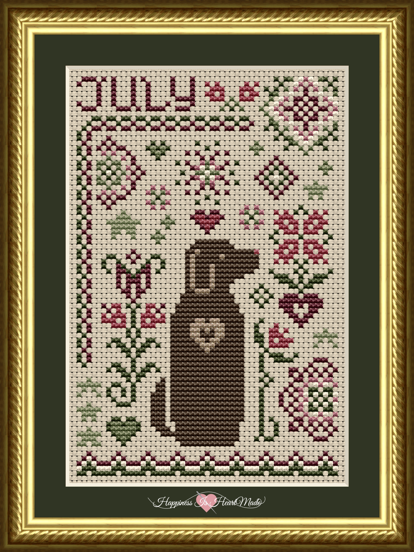 6557 - The International version of the July Dog Cross Stitch Pattern from the Dog Days Series by Happiness Is HeartMade uses a flower motif in the place of the US flag. This version of the July Dog is stitched in shades of mauve and green.