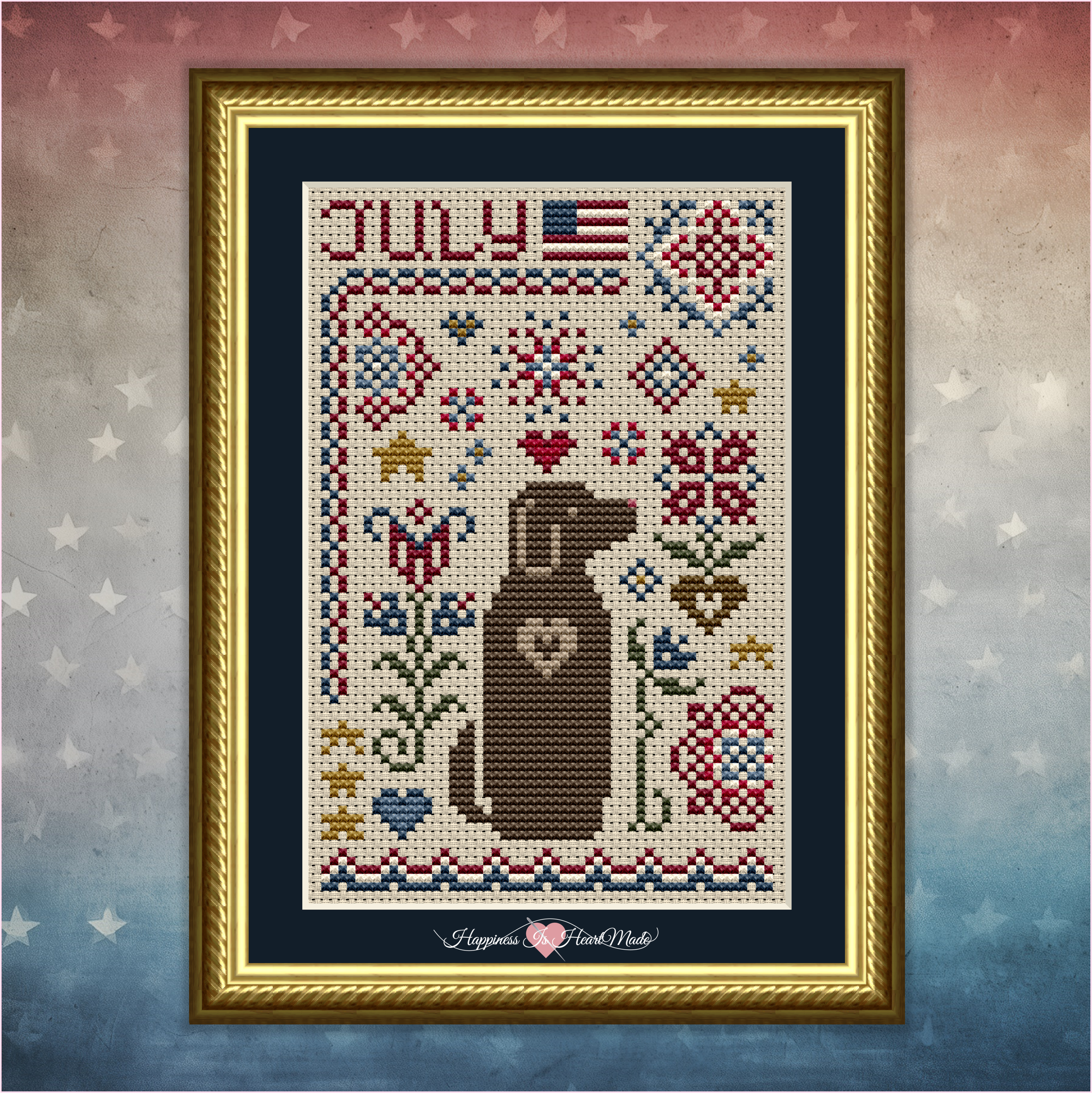 July Dog Cross Stitch Pattern 6557 from the Dog Days Series by Happiness Is HeartMade. This is a patriotic counted cross stitch pattern designed by Christy Shuhy Ortiz. In this design, a dog is sitting in a patriotic design surrounded by red, white, and blue motifs, such as flowers, an American flag, medallions, and the word July stitched along the top. This design is part of the Dog Days Series of Monthly Calendar Dogs. There is a different dog chart for each month.