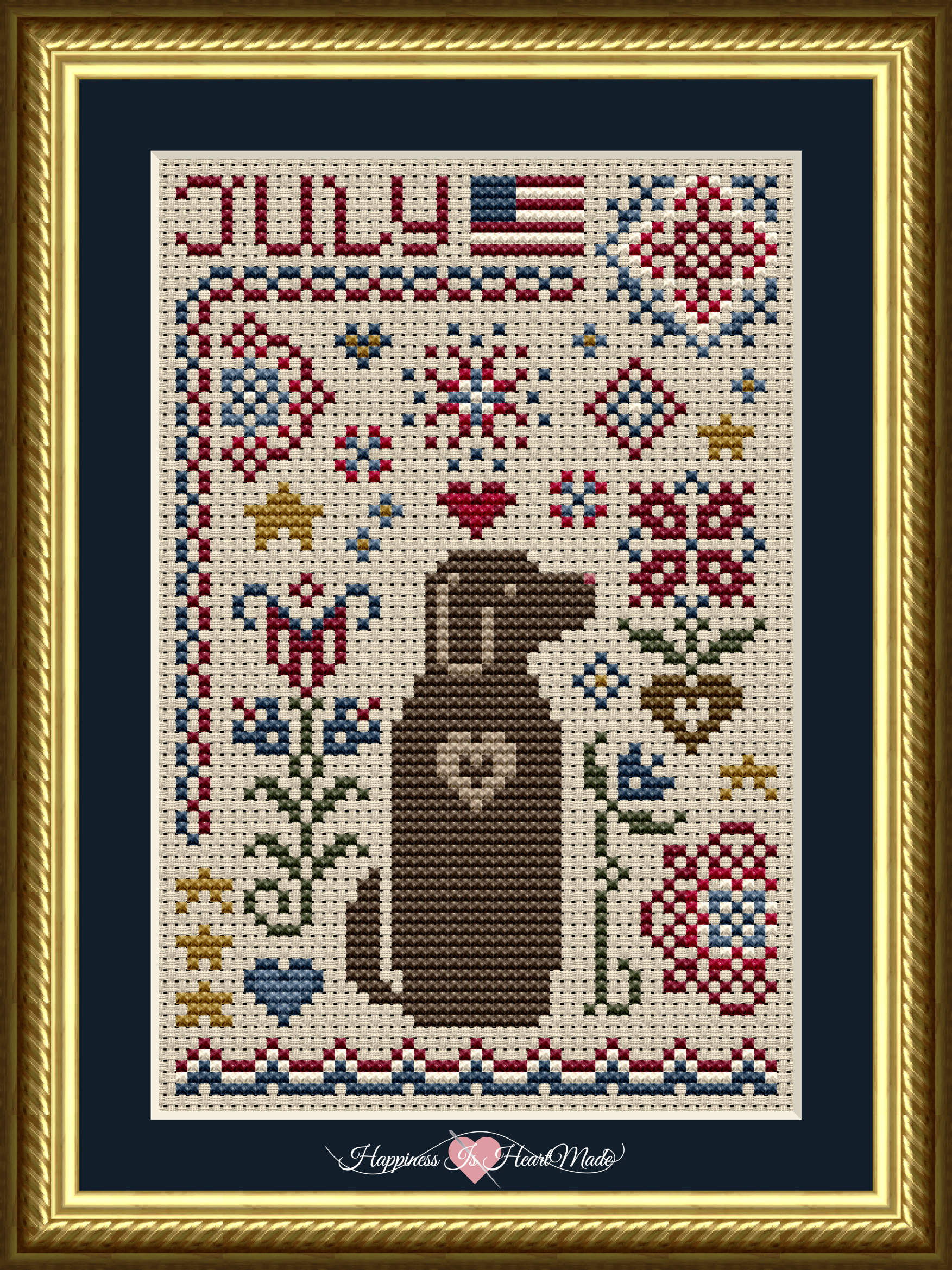 July Dog Patriotic Cross Stitch Pattern from Happiness Is HeartMade. Pattern is designed by Christy Shuhy Ortiz, and is part of the Dog Days Series.
