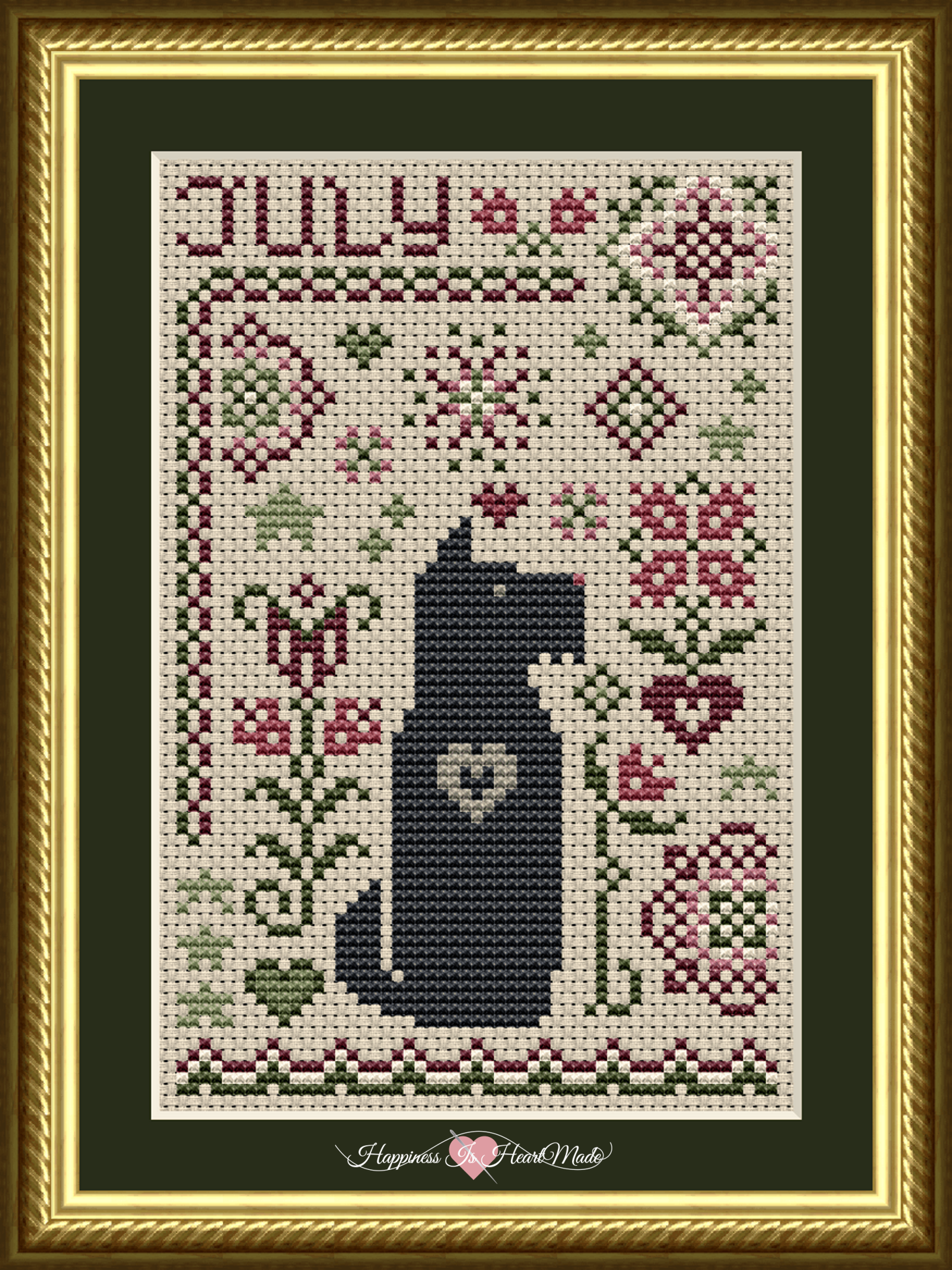 6557-S - Scottie July Dog International Version Cross Stitch Pattern from the Dog Days Series by Happiness Is HeartMade replaces the American flag with a flower motif, and is stitched in shades of mauve and green.