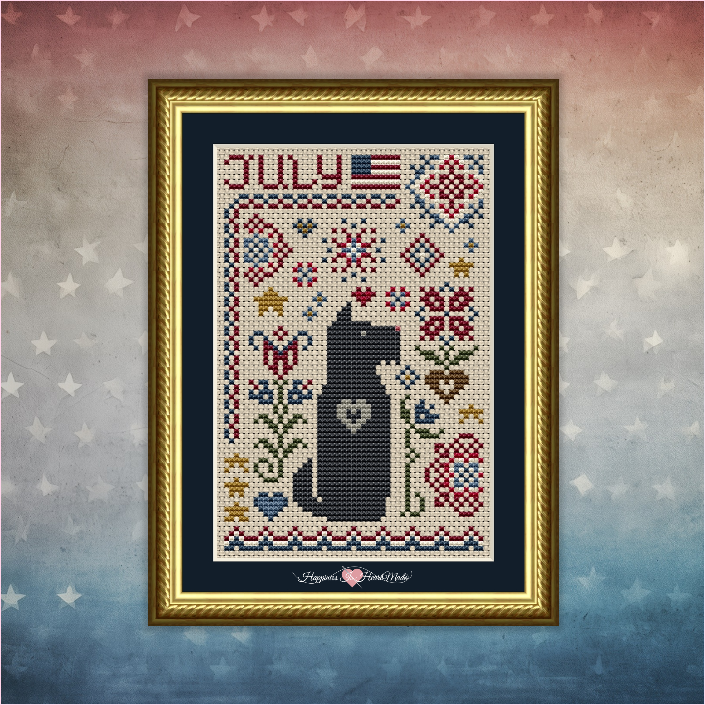 Scottie July Dog Cross Stitch Pattern 6557-S from the Dog Days Series by Happiness Is HeartMade. This  patriotic Scottish Terrier cross stitch pattern was designed by Christy Shuhy Ortiz. A Scottie dog is sitting in a patriotic setting with  red, white, and blue flowers, an American flag, and the word July at the top. This Scottie July Dog design is part of the Dog Days Series of Monthly Calendar Dogs. There is a different dog chart for each month.
