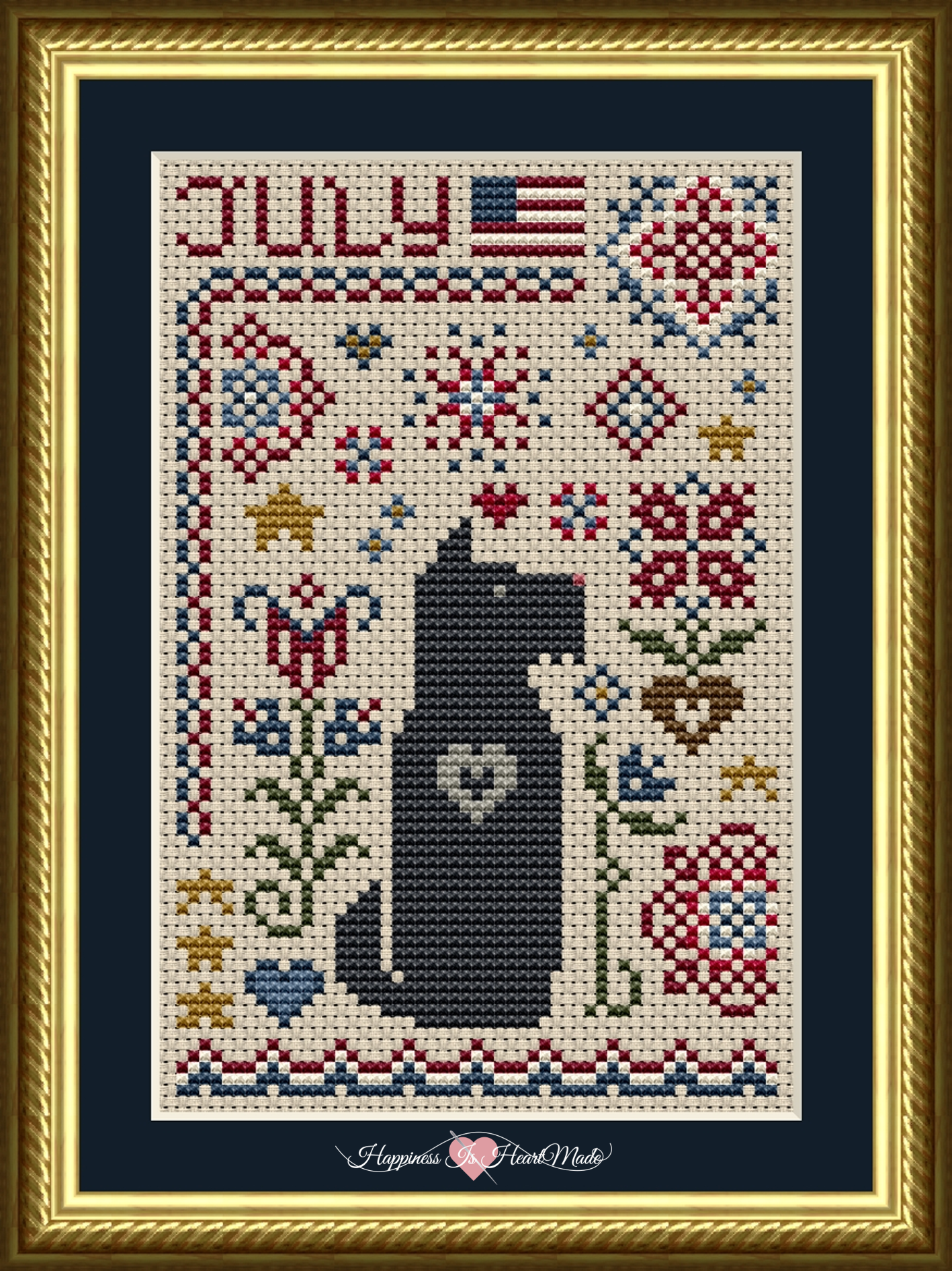 6557-S - Scottie July Dog Counted Cross Stitch Pattern from Happiness Is HeartMade. A Scottish Terrier stitched in a patriotic setting with Americana themed motifs.